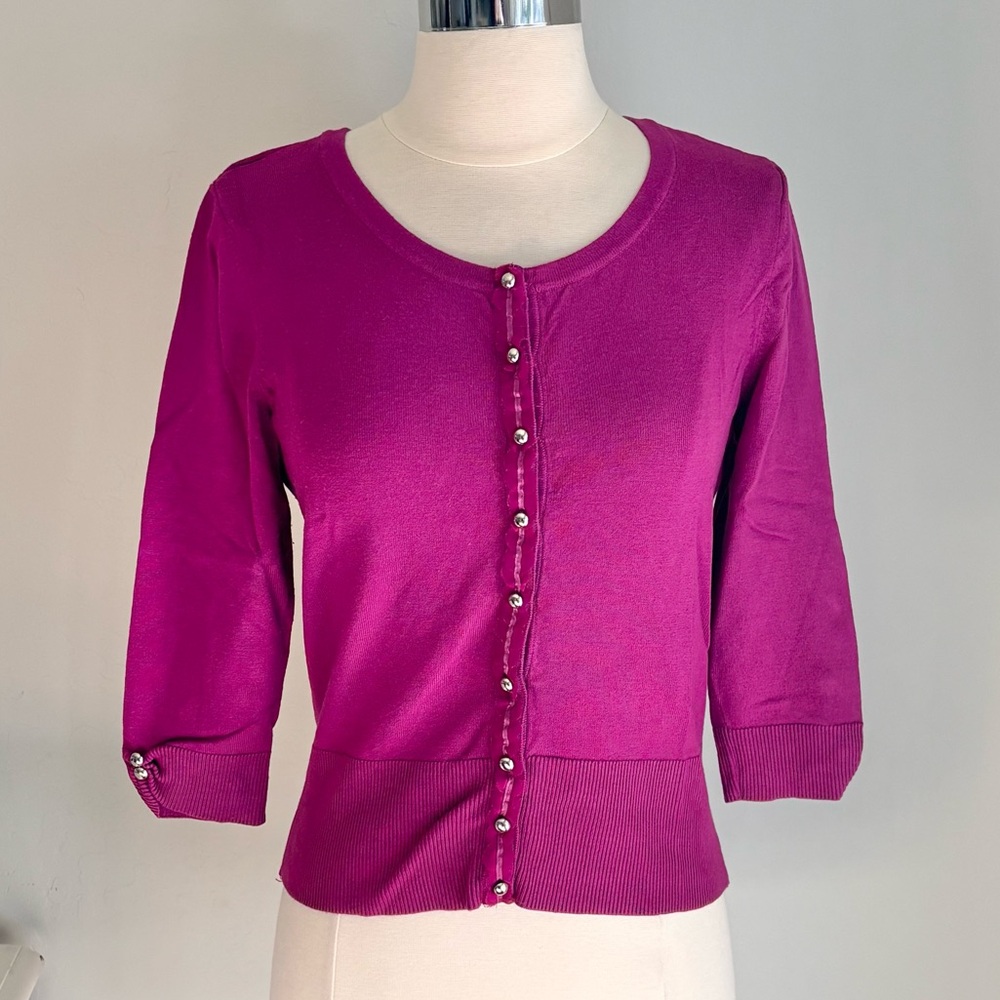 White House Black Market Magenta Cardigan Sweater 3/4 Sleeve Snap Front, S